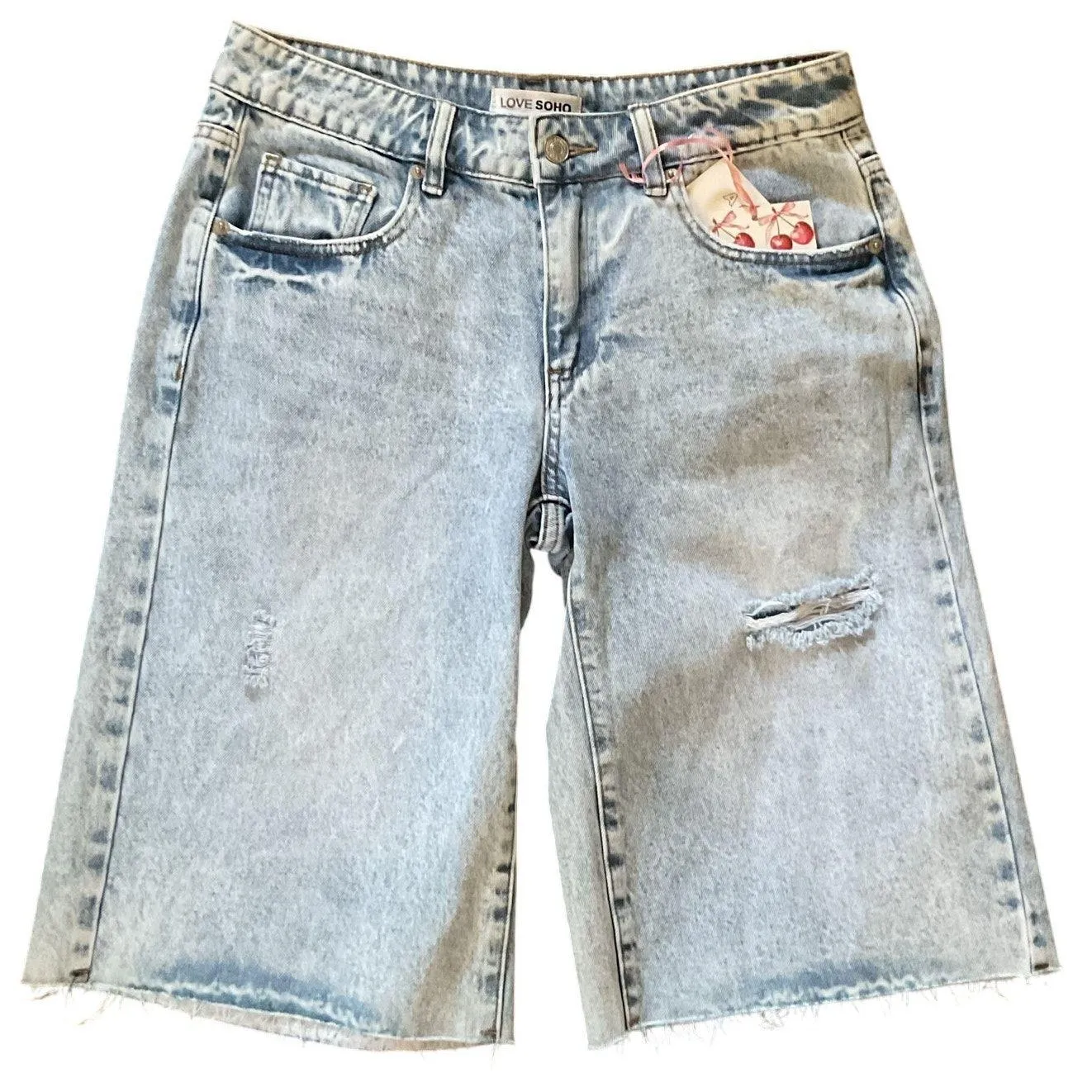 Love Soho Denim Women’s Baggy Bermuda Shorts Size 5 Low Rise Distressed Raw Hem Blue - Image 3