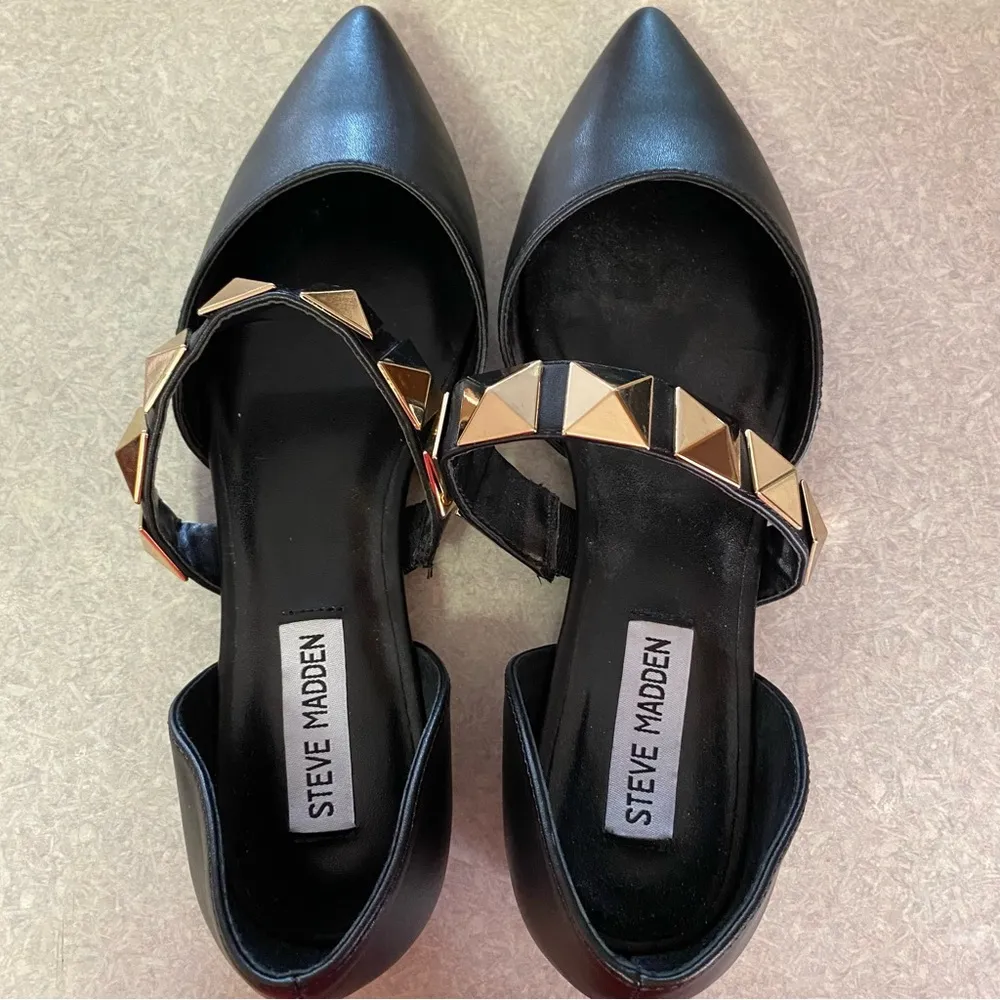 Steve Madden  Black Meghan Gold Studded Minimalist Coastal Goth Pointed Toe Flats - Image 2