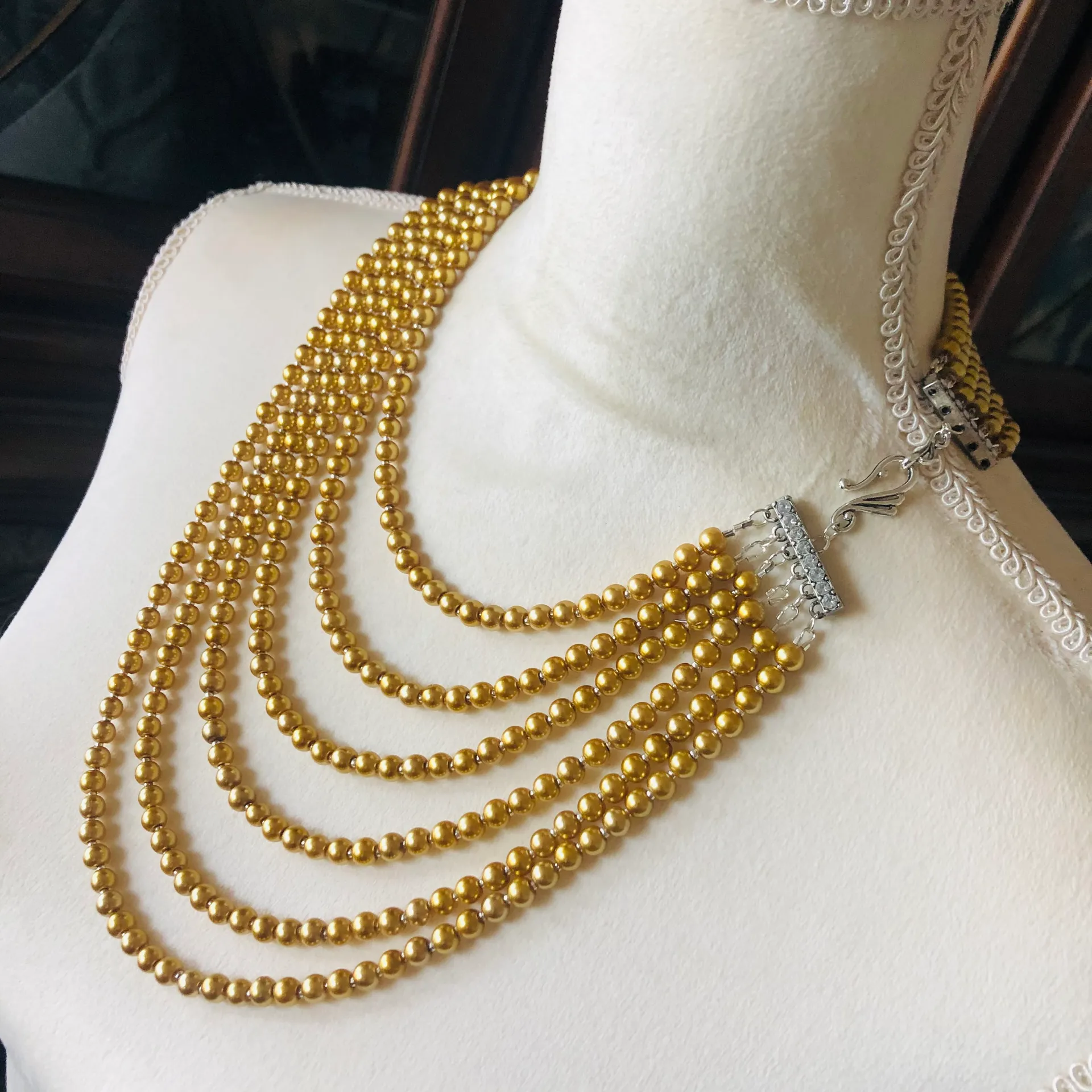 Handcrafted six strand golden Czech glass pearl necklace Gold - Image 3