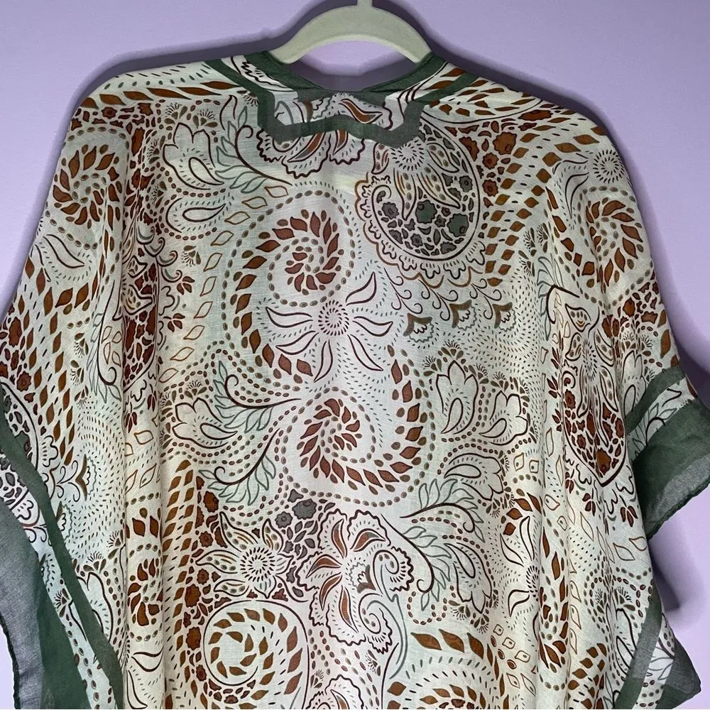 Green Cream Brown Boho Longline Open Front Cardigan Kimono Shawl Swim Cover Up - Image 11