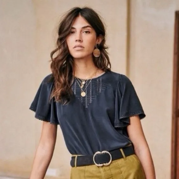 Sézane Matty Ruffle Silk Short Sleeve Blouse | Sz FR 38 (US 6) | Navy Blue - Image 3