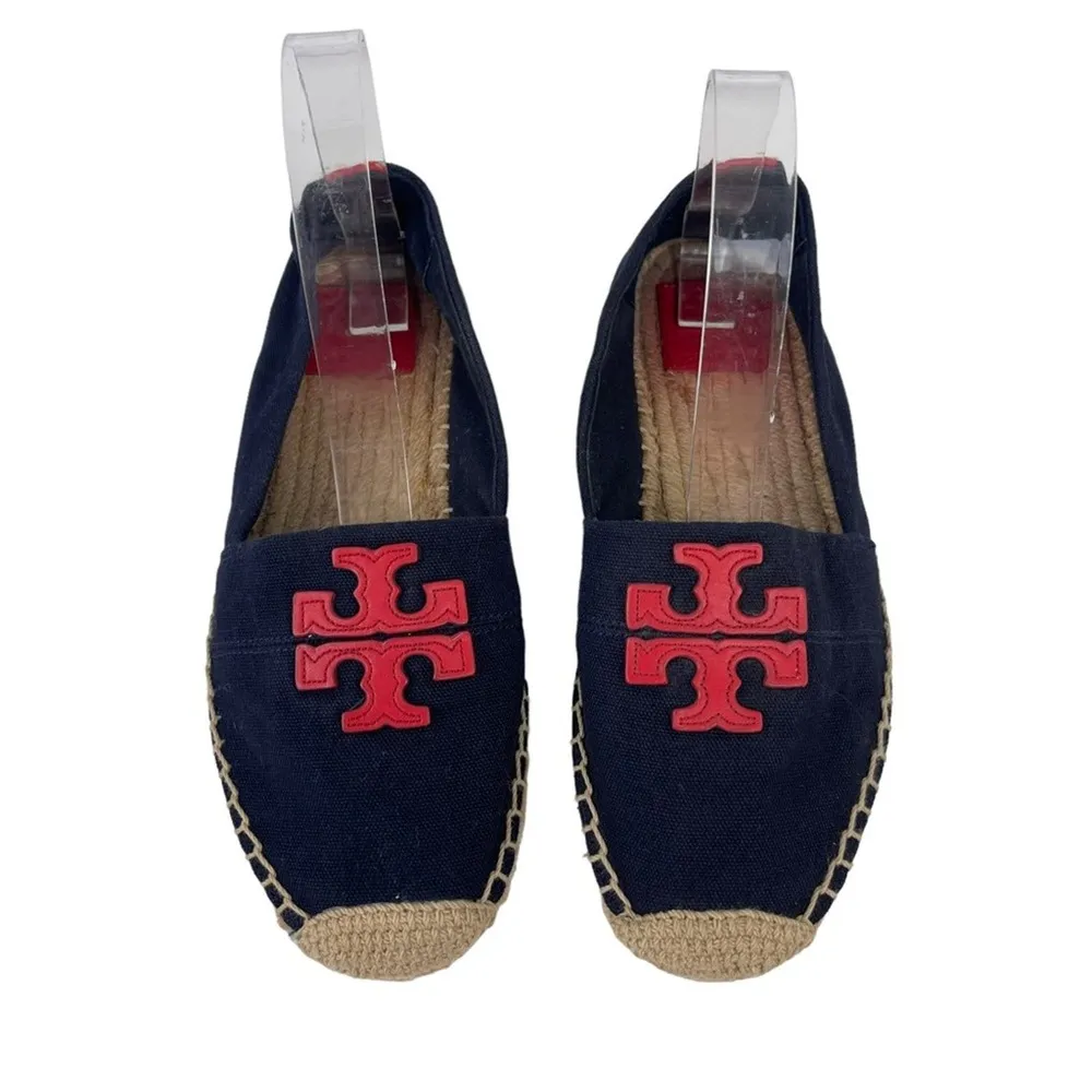 TORY BURCH Weston Navy Red Canvas Slip On Flat Espadrille Sandals Size 8M - Image 3