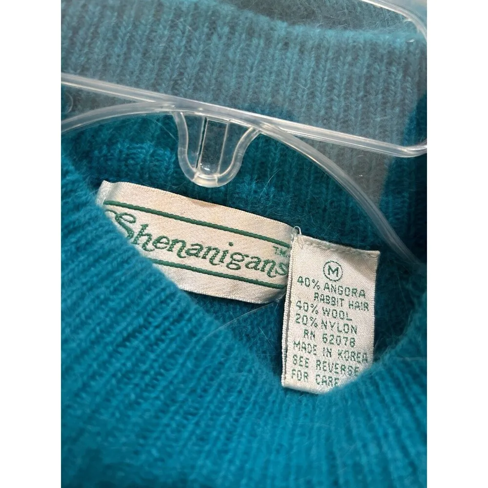 Vintage Women's Medium Teal Blue Angora Rabbit Hair Lambswool Mock Neck Sweater - Image 2