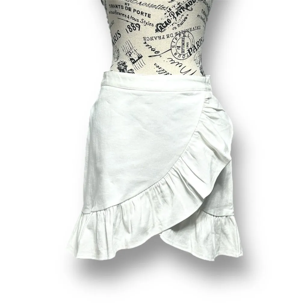 NWT After Market S White Denim Wrap Ruffle Mini Skirt Boho Cottagecore Festival - Image 2