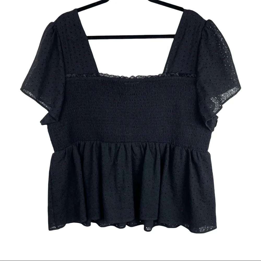Torrid Sz 3X Black Square Neck Smocked Eyelet Peplum Top Short Sleeve - Image 3