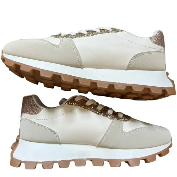 NEW Women's Chunky Lug‎ Sole Platform Sneaker Size 9 Neutral Glitter Glam Tan - Image 4