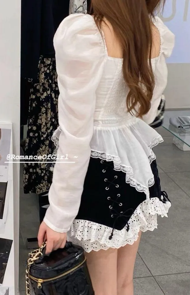 Japanese White Ruffle Bow Cottage Balletcore Princess Puffed Sleeved Top Blouse Size XS - Image 3