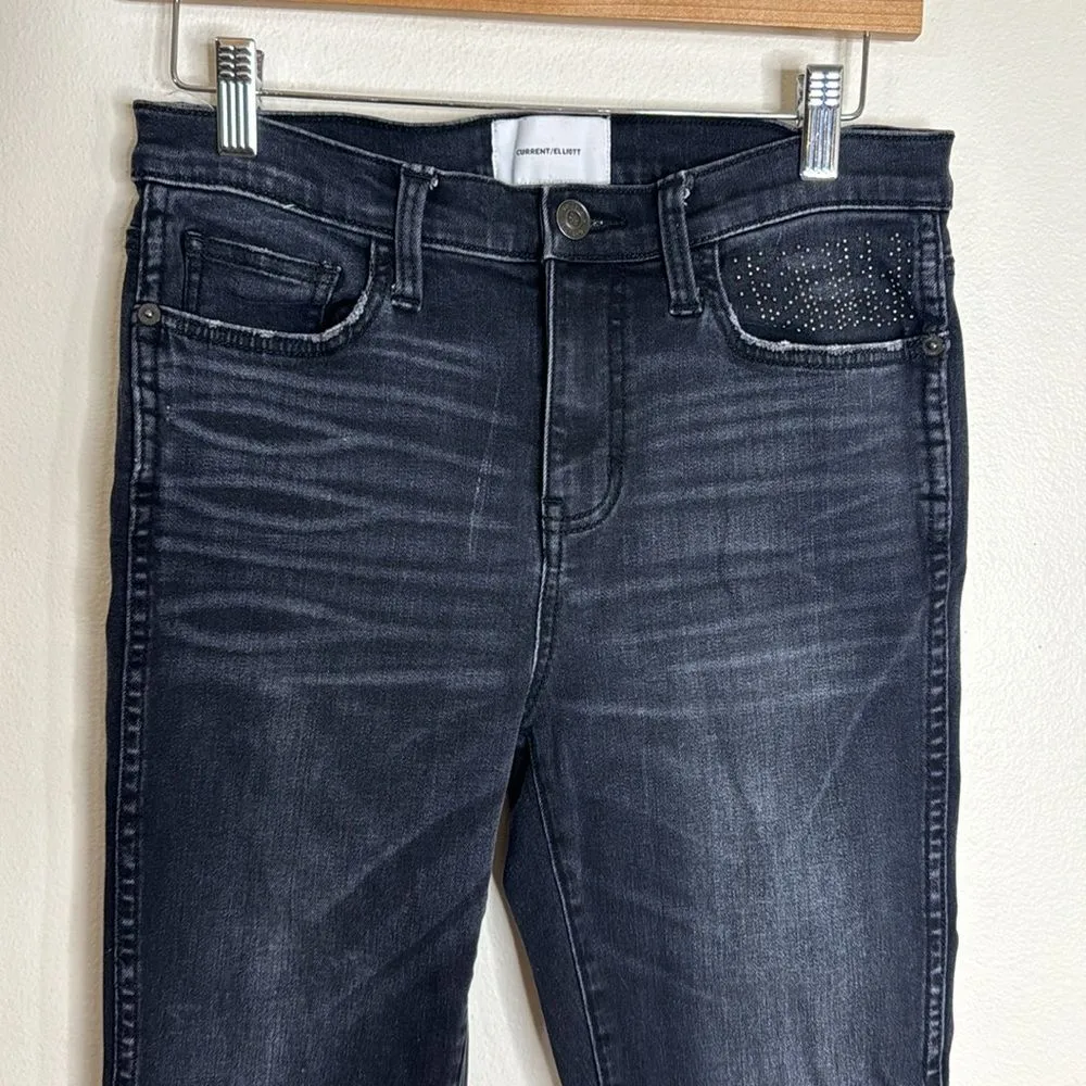 Current Elliot ladies dark black denim bling pockets skinny jeans size 28 - Image 2