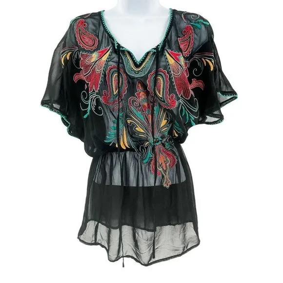 Forever 21 Embroidered Sheer Boho Short Sleeve Top or Swim Cover Up Top Small - Image 6