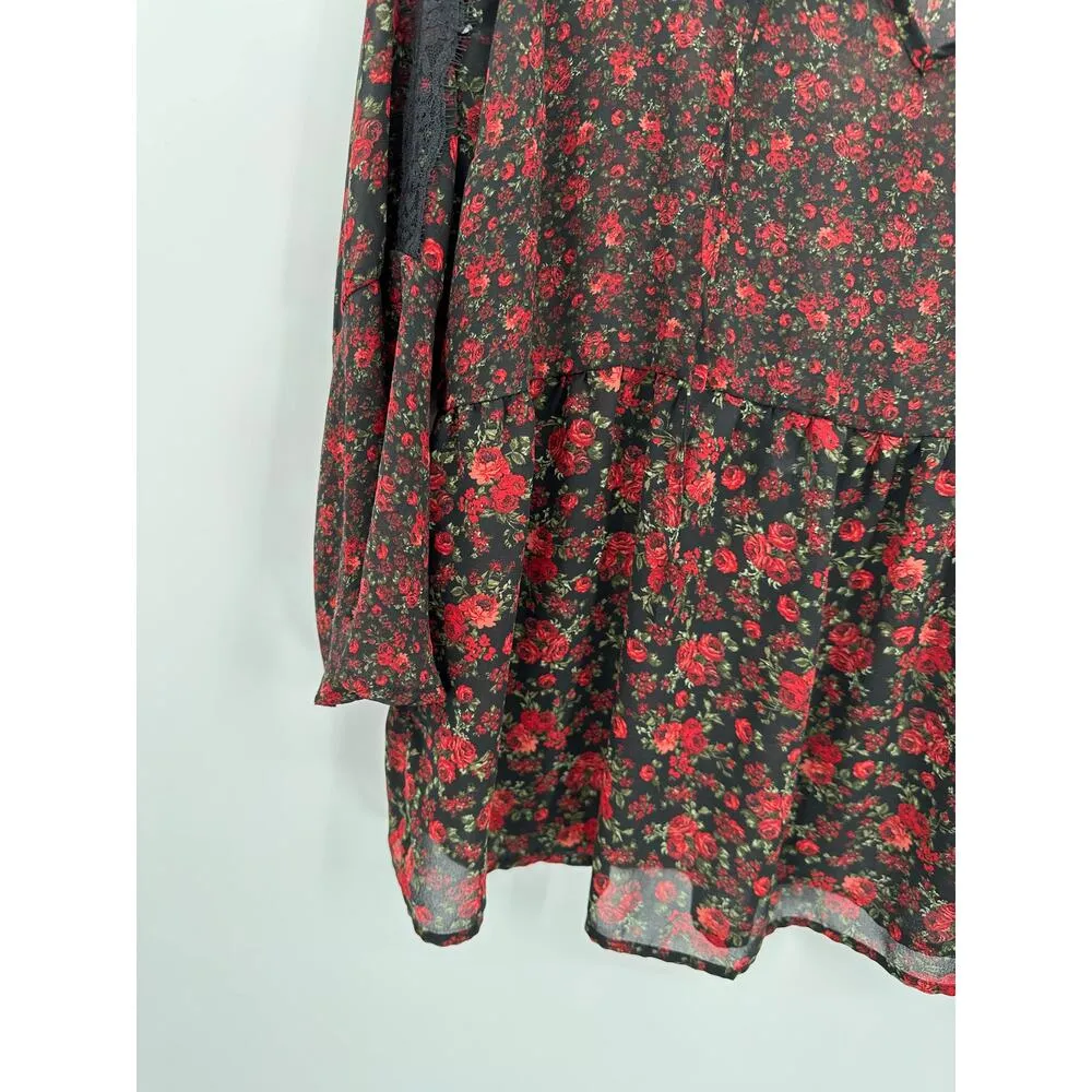 Torrid Red Floral Print Tie Neck Sheer Blouse Women L Goth Witch Whimsigoth - Image 3
