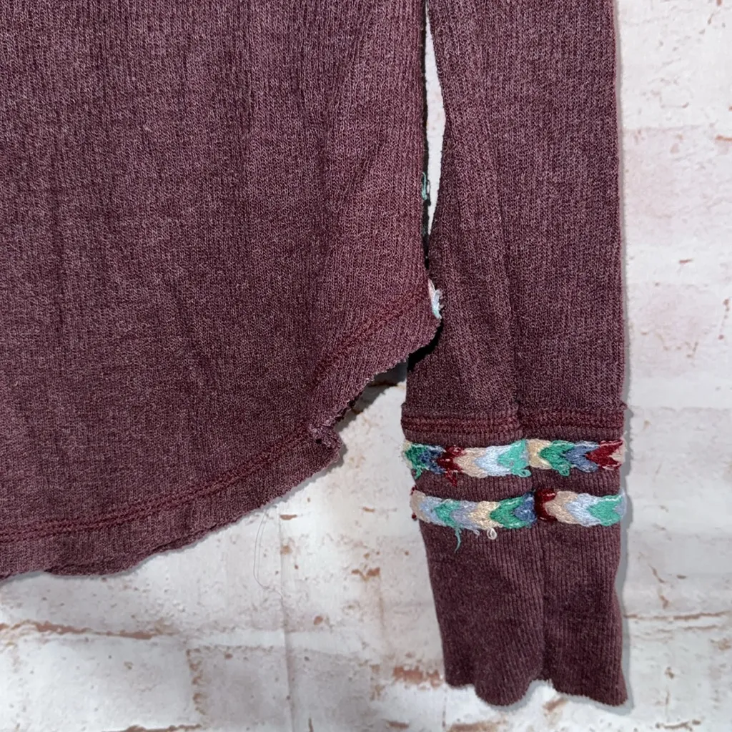 We The Free Maroon Embroidered Rainbow Thermal Henley Top Long Sleeve Plum XS - Image 3