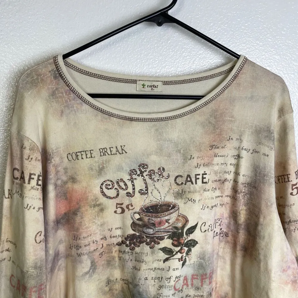 Cactus Shirt Womens Large Beige Floral Coffee Brown Rhinestones Cotton Casual Pink Size 2X - Image 4