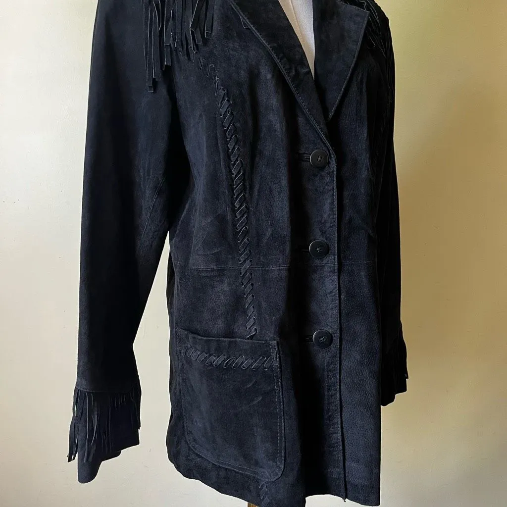 Vintage 70s Style Genuine Leather Fringe Jacket Black Suede Western Boho Large - Image 3