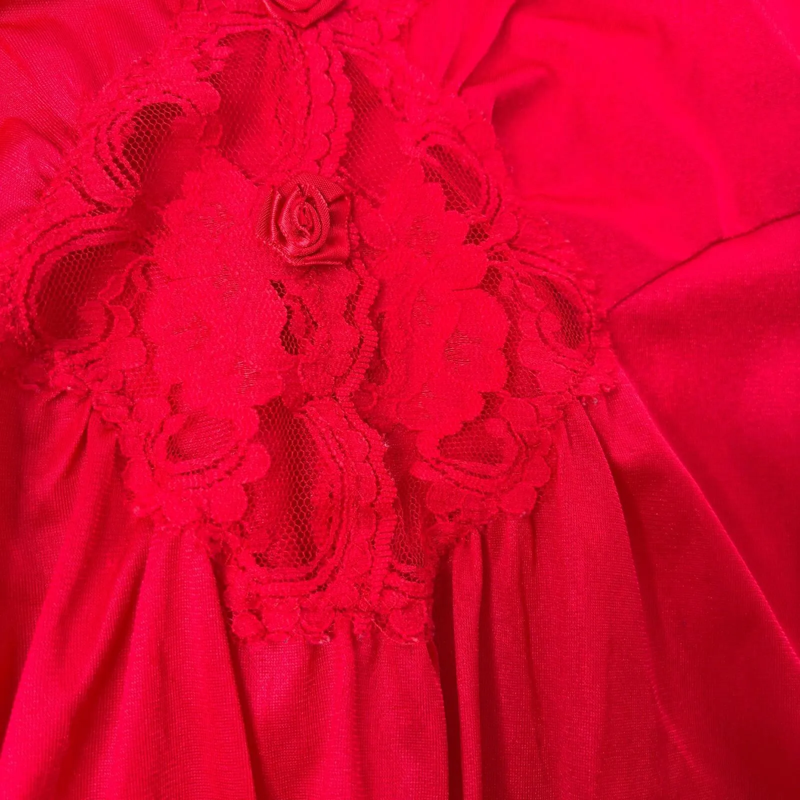 VTG Adonna Red Maxi Slip Dress Stretch Lace & Roses L Dark Romantic Vamp USA 80s - Image 7