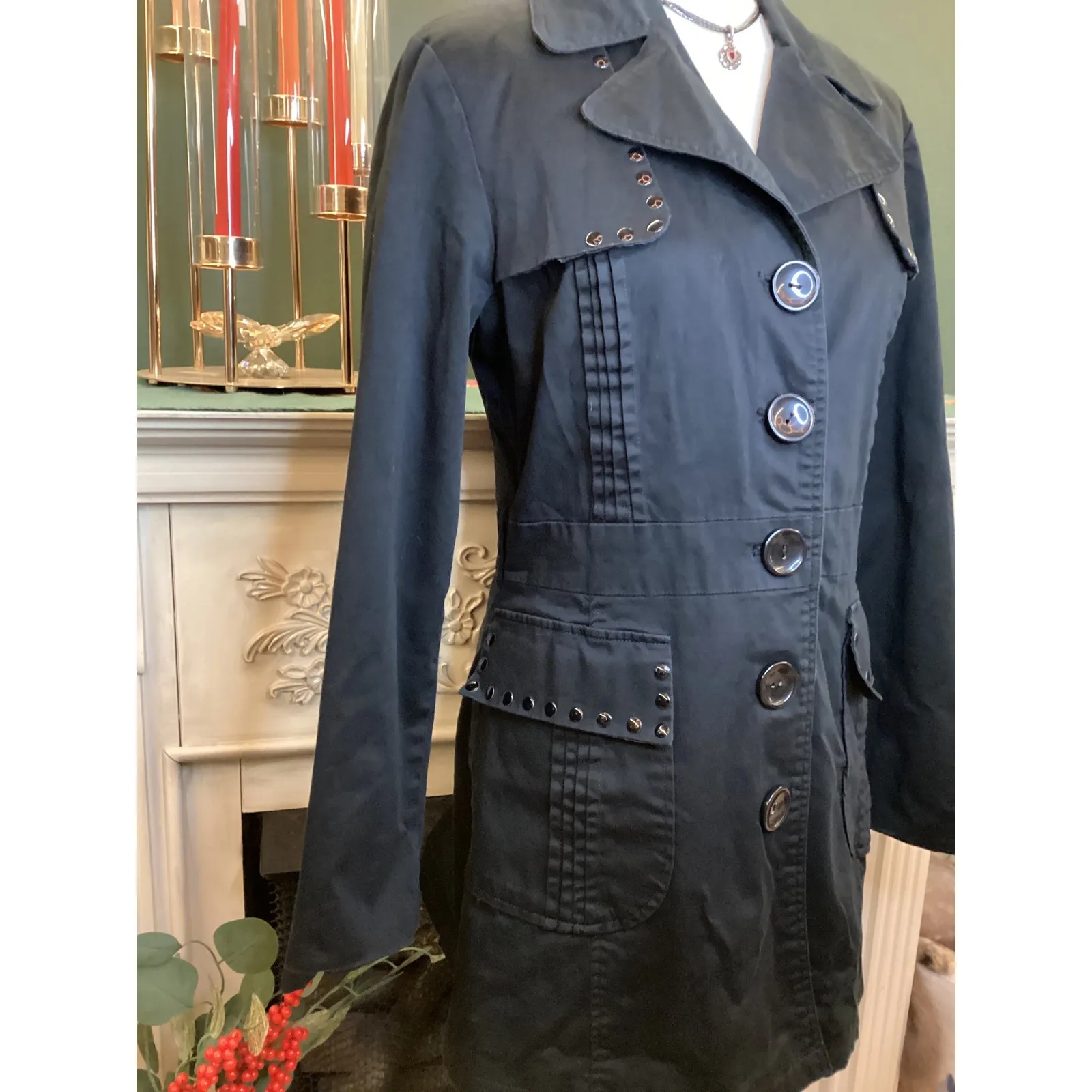 Appraisal Black Button Front Studded Military Style Trench Coat Women's Size L Size L - Image 2