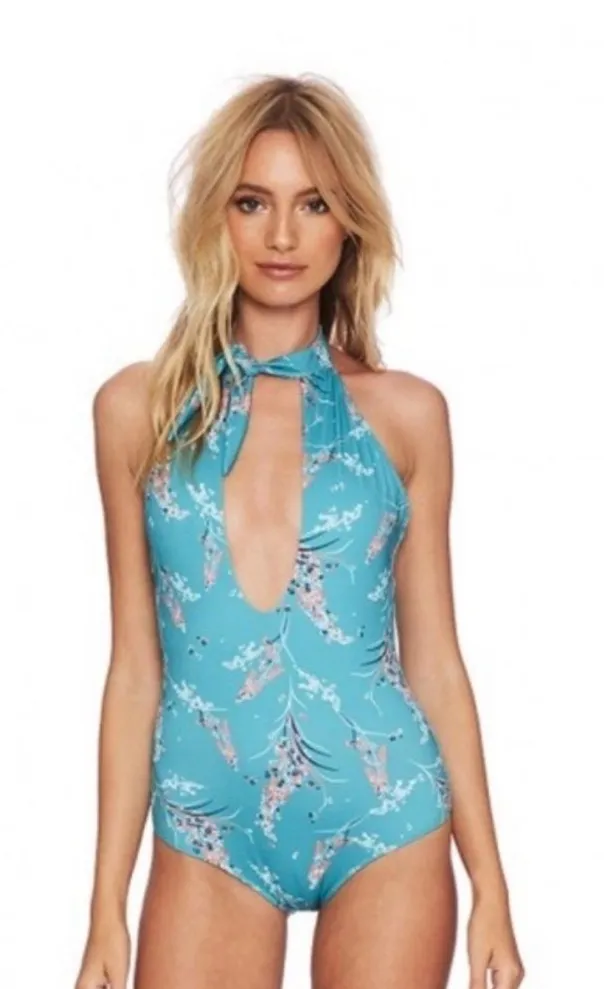 Beach Riot Coral One Piece Swimsuit Floral Mojito Teal Halter Neck Tie Medium - Image 1