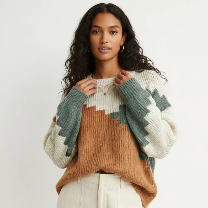 North End Colorblock Chunky Knit Sweater Womens L Multicolor Cozy Southwestern - Image 2