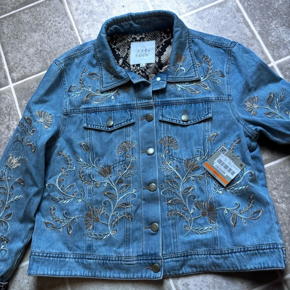 John Mark Blue Embroidered Jean Jacket with Leopard Cuffs - Image 4