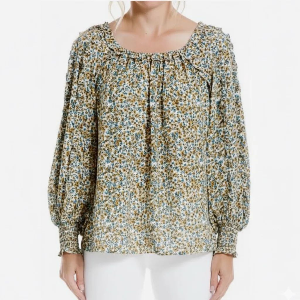 Max Studio Boho Floral Blouse Ruched Cuff Shirt Long Sleeve Chiffon Women’s Sz L - Image 2