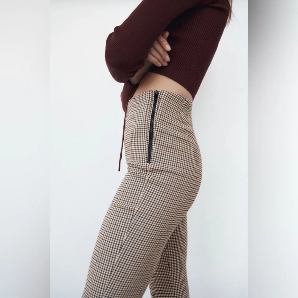 Zara Women’s Gingham Fitted Side Zip Trousers in Black/Brown/White Size L - Image 3