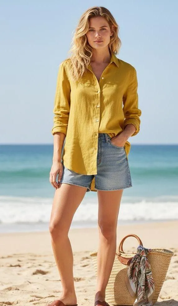 LOFT Cotton Blend Voile Buttondown Shirt Blouse Top Yellow Collared Sz Large - Image 4