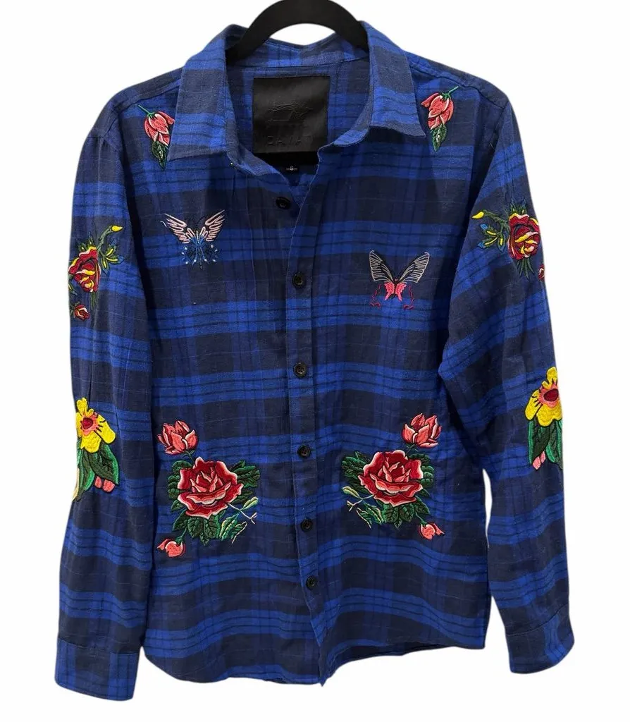 Damati Embroidered Plaid Flannel Shirt Jacket Floral Snake Butterfly Size Small Blue - Image 1