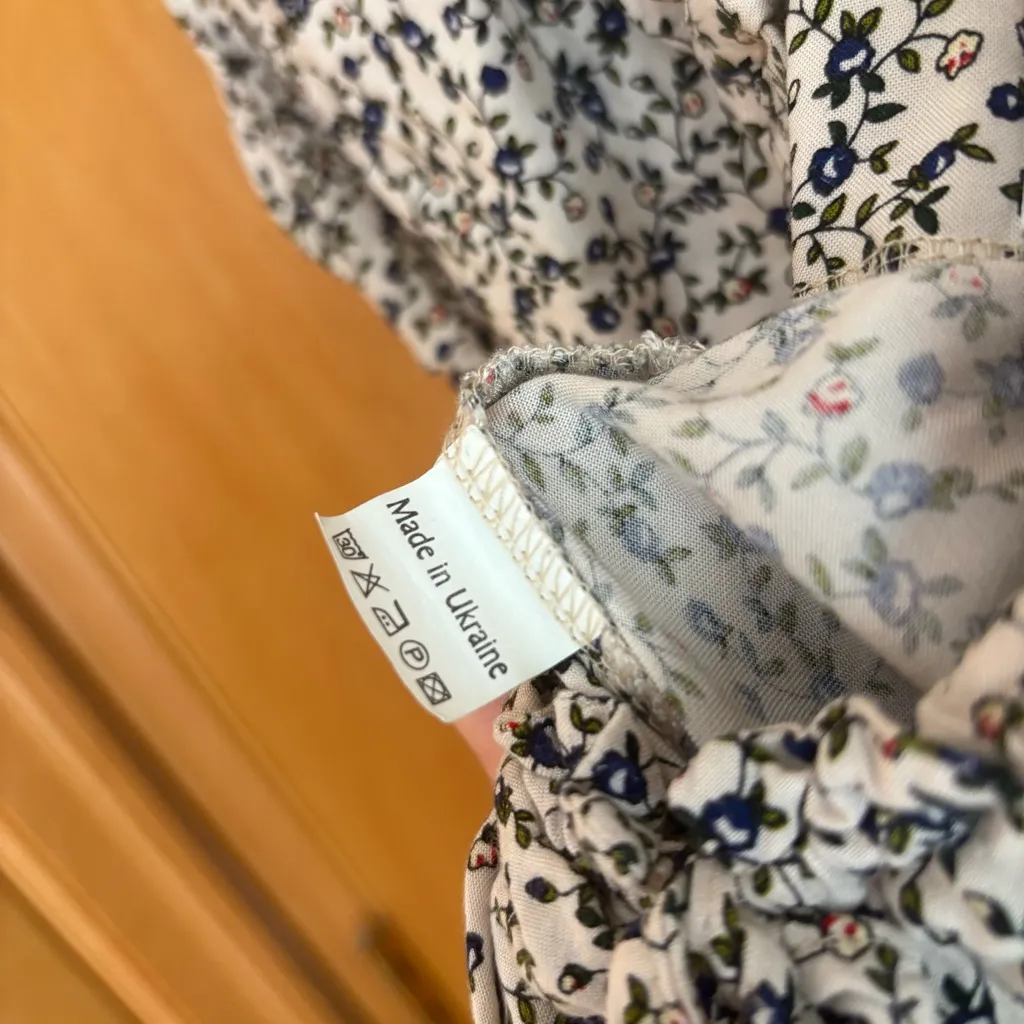 GNV‎ 33 Floral Puff Sleeve Midi Dress Ukraine cotton slit Blue - Image 8