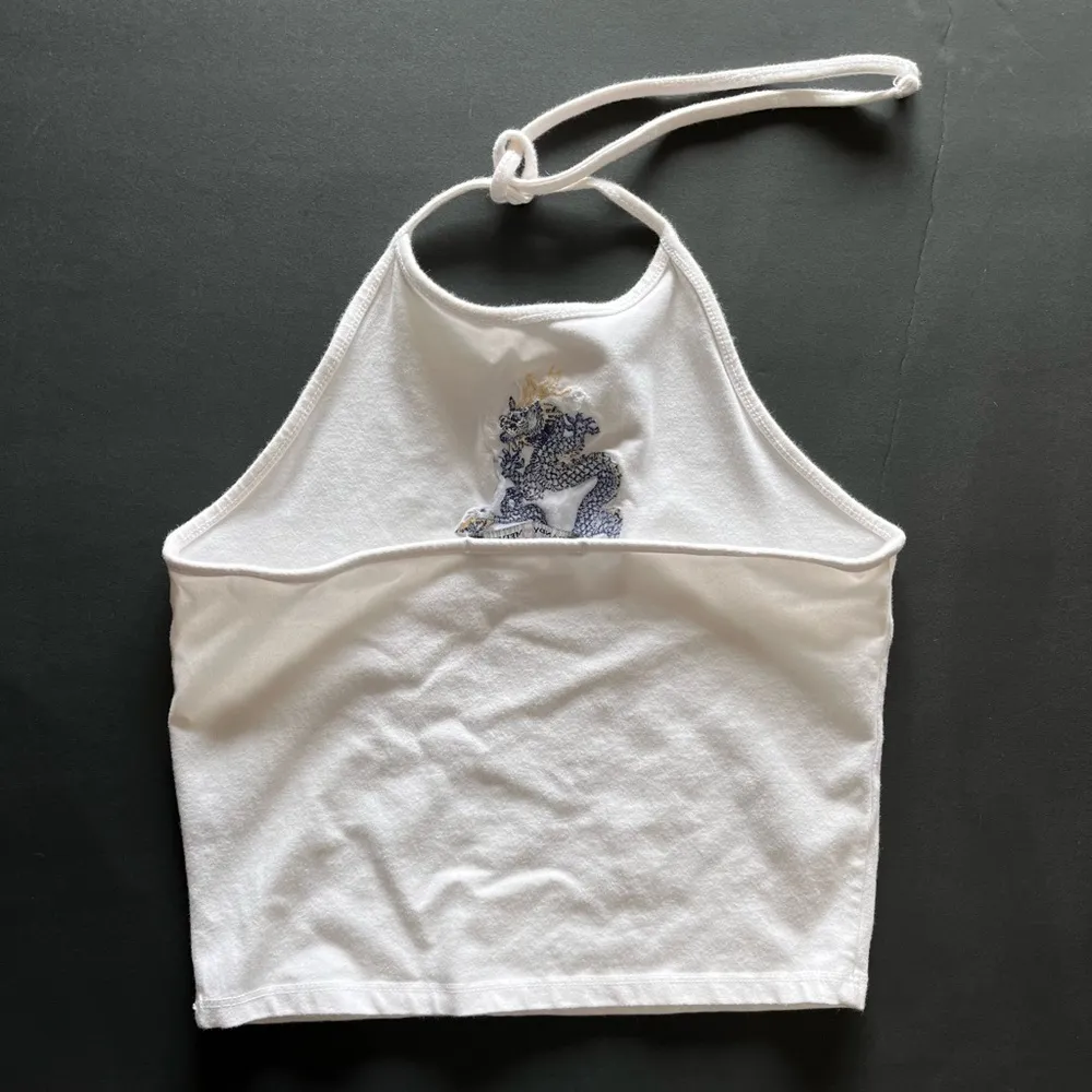 BRANDY MELVILLE JOHN GALT White Halter Tank Top Embroidery Dragon One Size EUC - Image 3