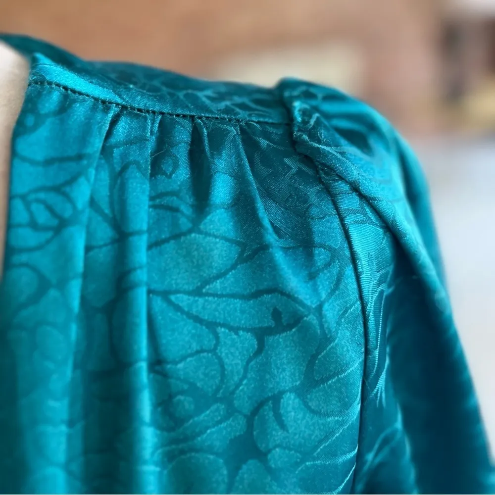 Bebe Mini Dress Bodycon Satin Jacquard Teal Blue XS Cocktail Low Plunging Neck - Image 6