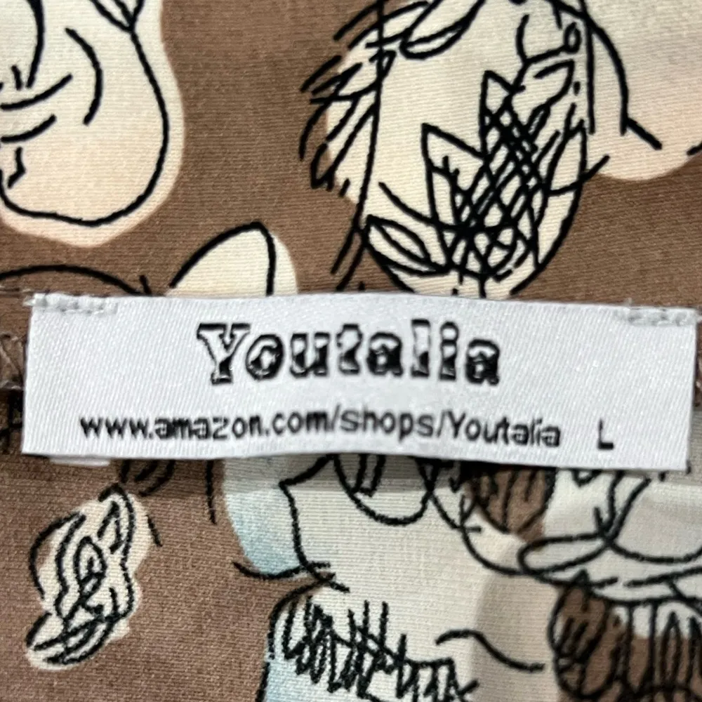 Youtalia Beige White Blue Floral V Neck Blouse Large Tan - Image 3