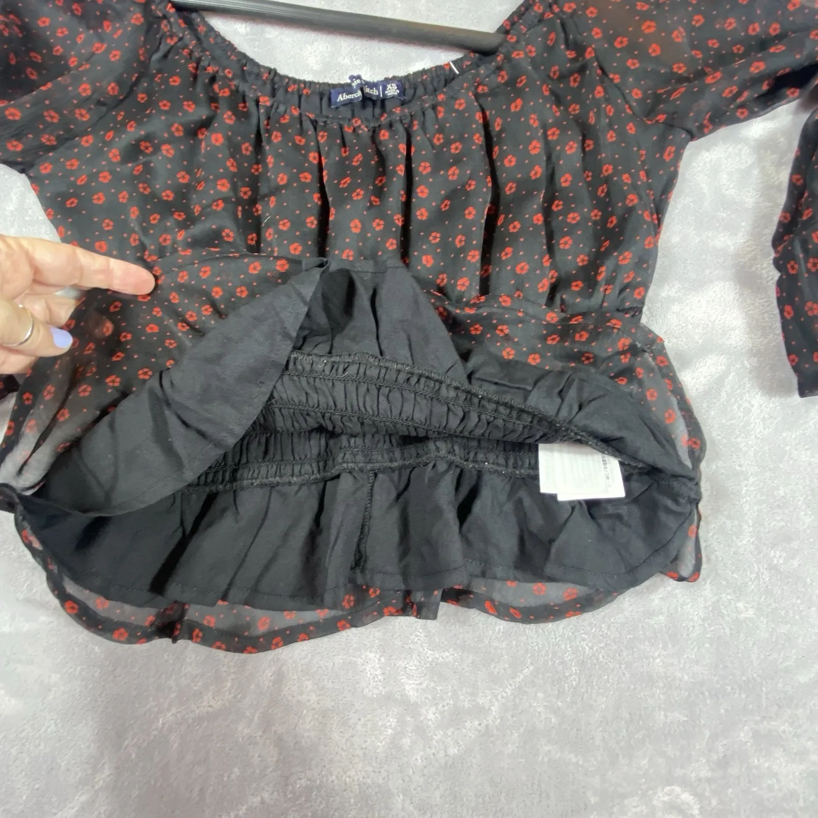 Abercrombie & Fitch Floral Puff Sleeve Top XS Women Crop Peasant Y2K Black 90's‎ - Image 9