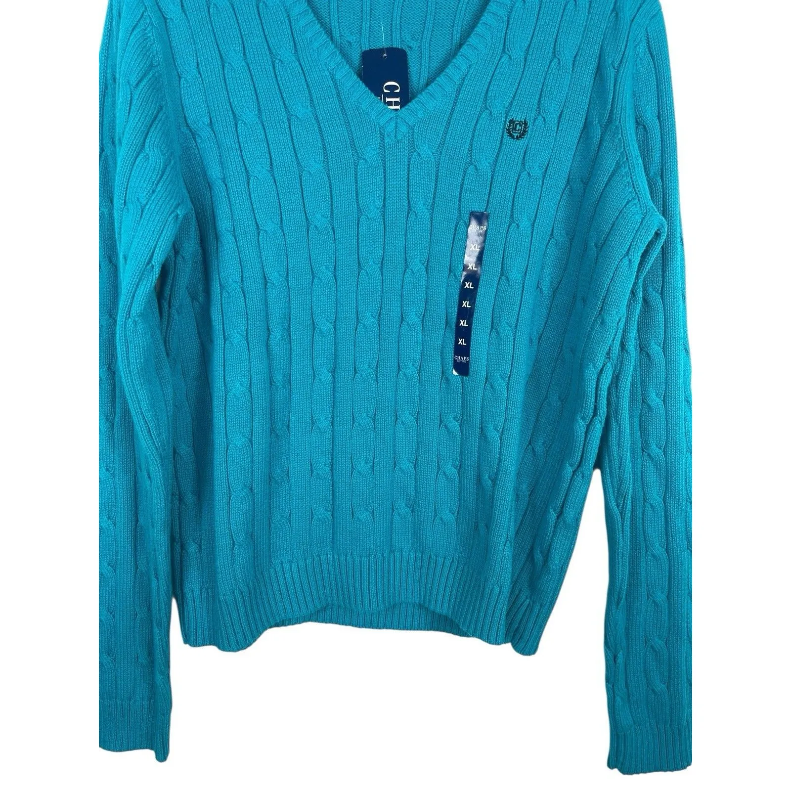 Chaps Cable Knit V-Neck Sweater XL Teal 100% Cotton Preppy Old Money NWT - Image 4