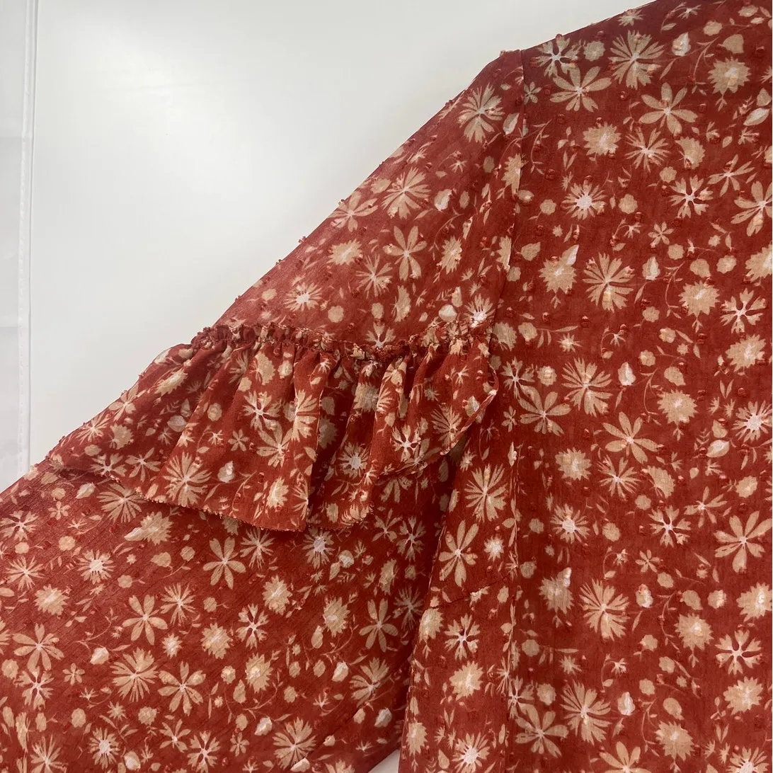 Black Tape Floral Peasant Top Sz 2X Rust Ruffle Sheer Chiffon Boho Swiss Dot Brown - Image 4