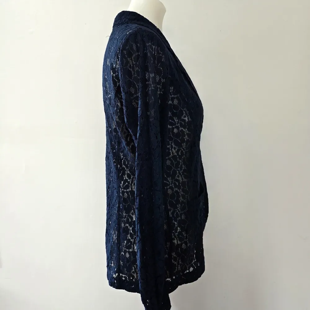 Eyelash Couture Navy Sheer Lace Tailored Fit Single Button Blazer Size - Image 4
