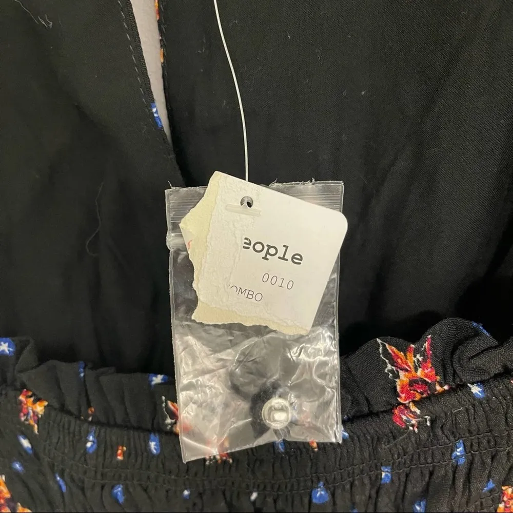 FREE People Dress Smocked Black Floral Print Square Neck Long Puff Sleeves Small - Image 6