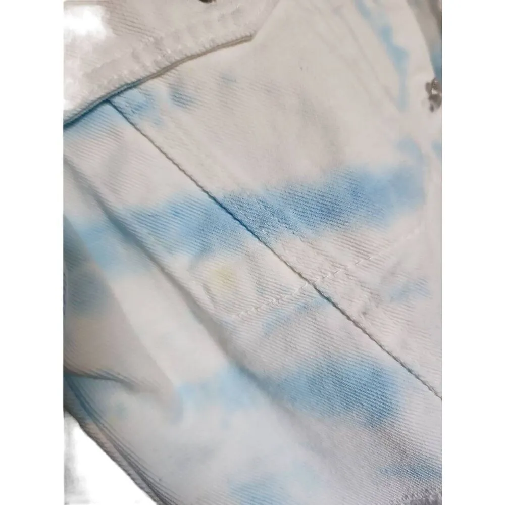 Forever 21 Womens Blue Jean All-Over Tie Dye Cloud Button Denim Jacket sz L Boho - Image 5