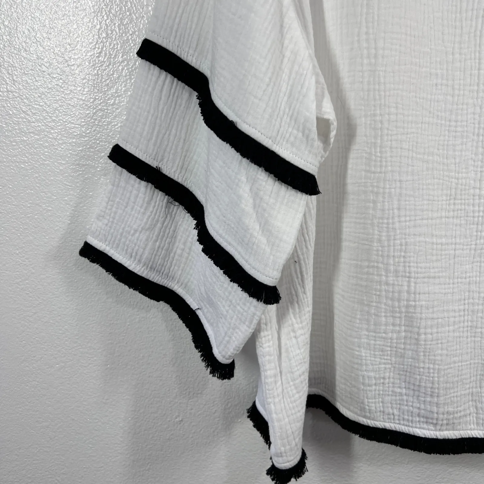 JNY Jones New‎ York Blouse Bell Sleeve Fringe Trim White Cotton Gauzy Top 1X - Image 5