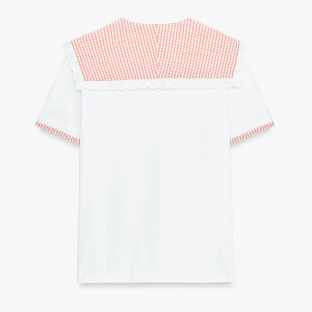 Zara Gingham Check Contrast T-shirt Women's Medium - Image 2
