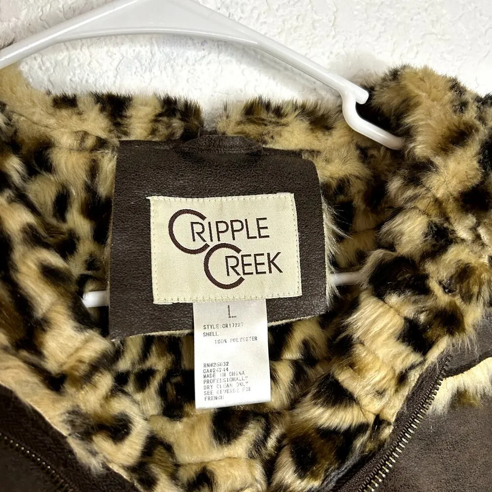 Cripple Creek Cheetah Print Shearling Hooded Vest Womens Size Large Brown Cream - Image 3