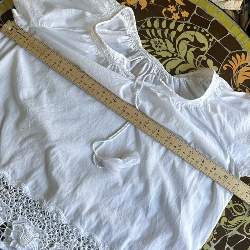COTTON PEASANT BLOUSE WITH CROCHET LACE HEM Sz: S White - Image 6