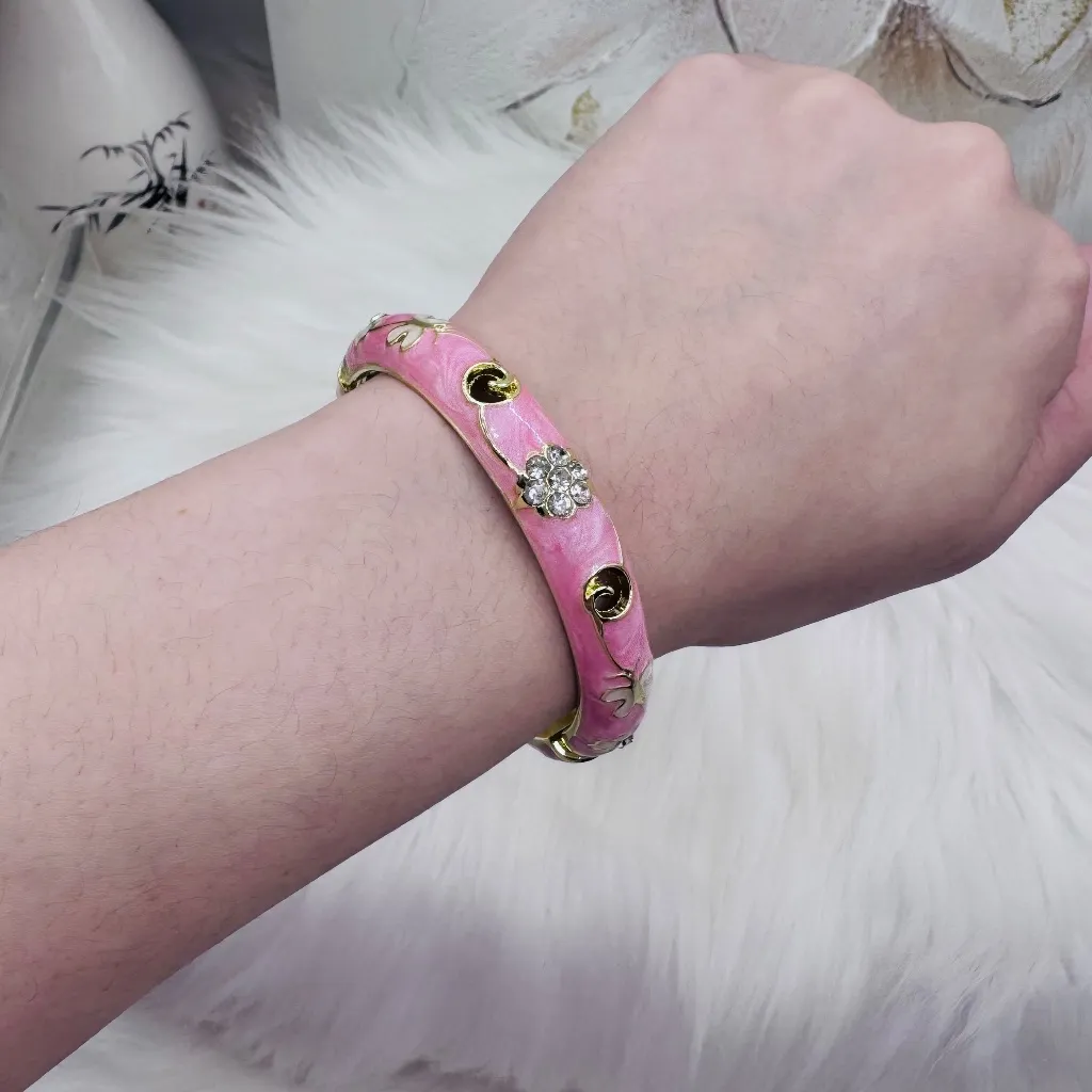 Pink Flower Enamel Cloisonne Bracelet Bangle Thick Style - Image 4