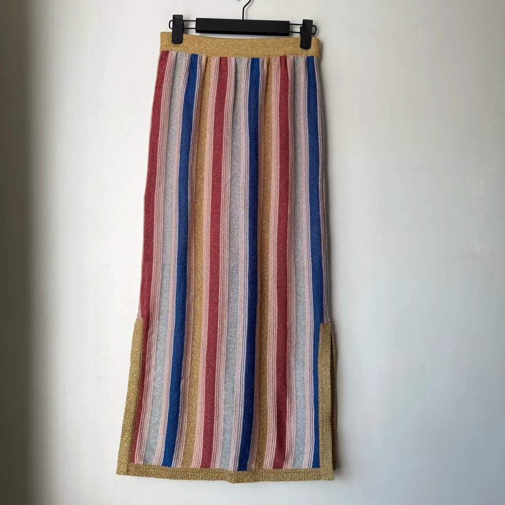 Suboo Mila Colorful Metallic 70s Stripe Midi Skirt XS Gold - Image 4