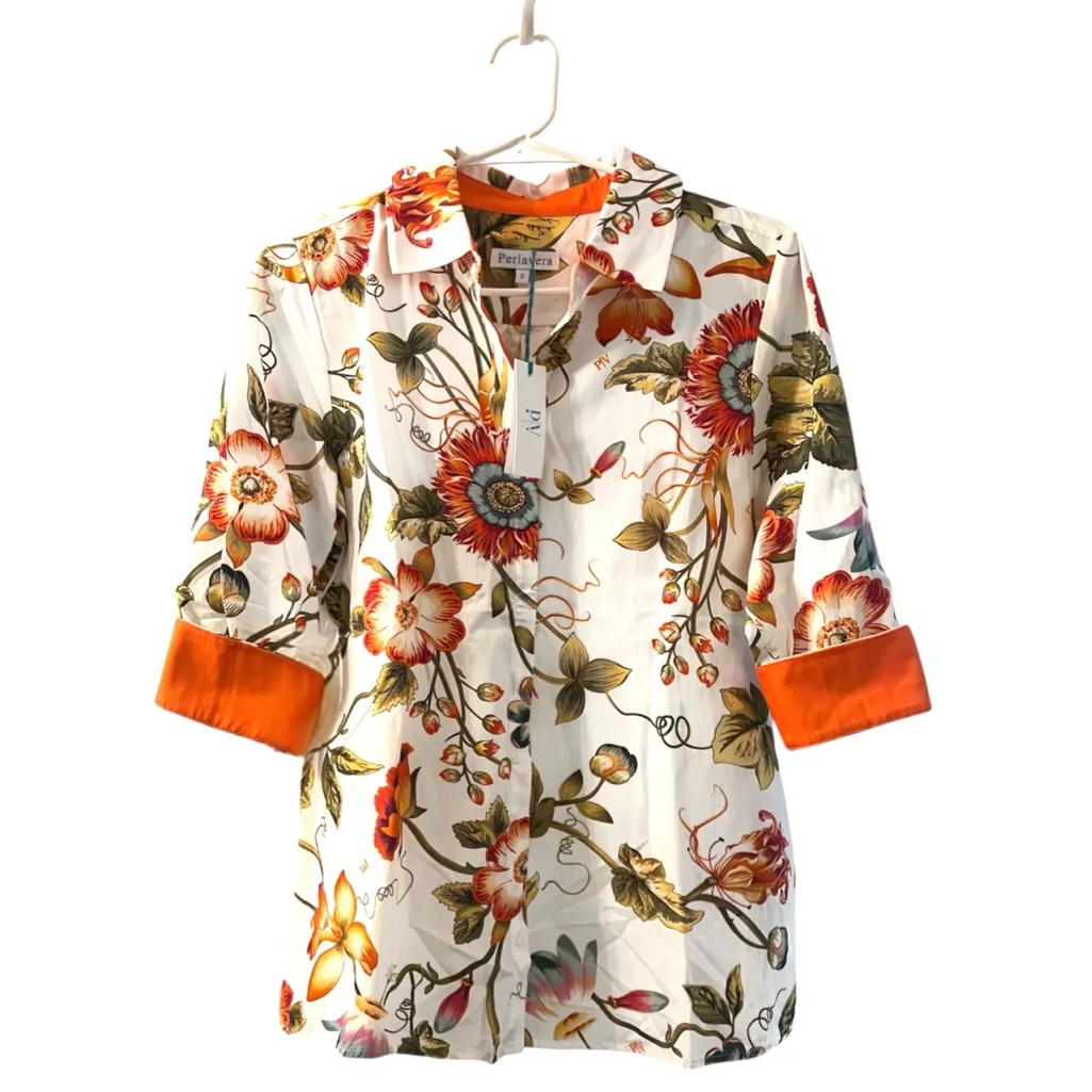 NWT Revolve x Perlavera Clara Abstract Flower Button Down Shirt in Ivy Orange - Image 2