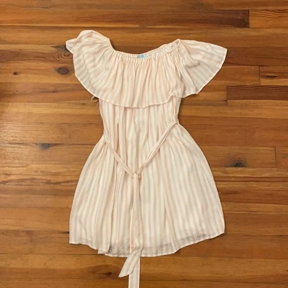 She + Sky Pink White Striped Cotton Dress Womens Size Medium Off Shoulder - Image 8