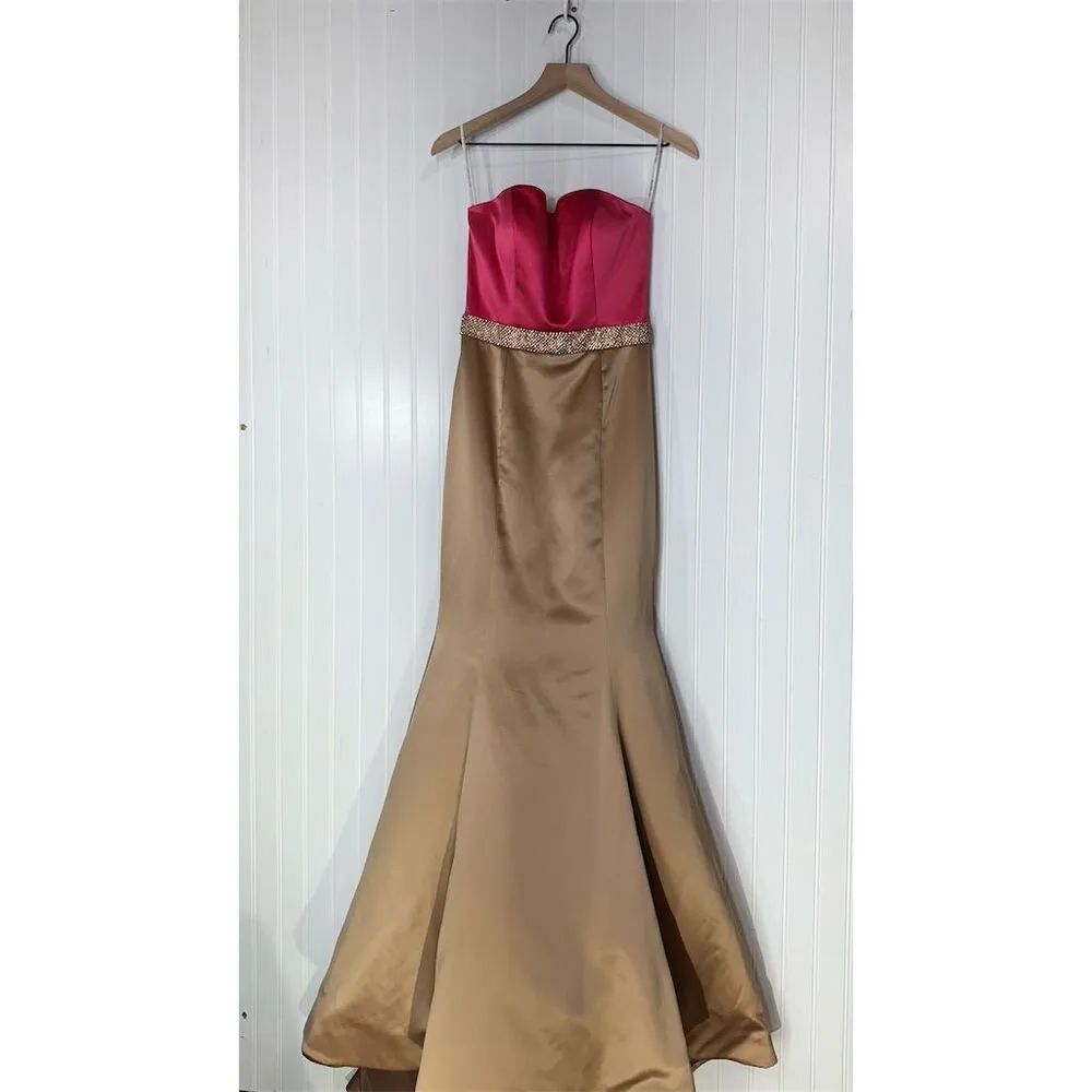 Sherri Hill Strapless Mermaid Gown Size 4 Pink Gold Satin Formal Prom Dress - Image 3