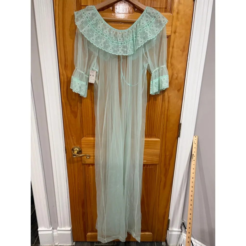 Vintage Sears Mint Green Sheer Lace Peignoir Nightgown Set 60s 70s SM - Image 6