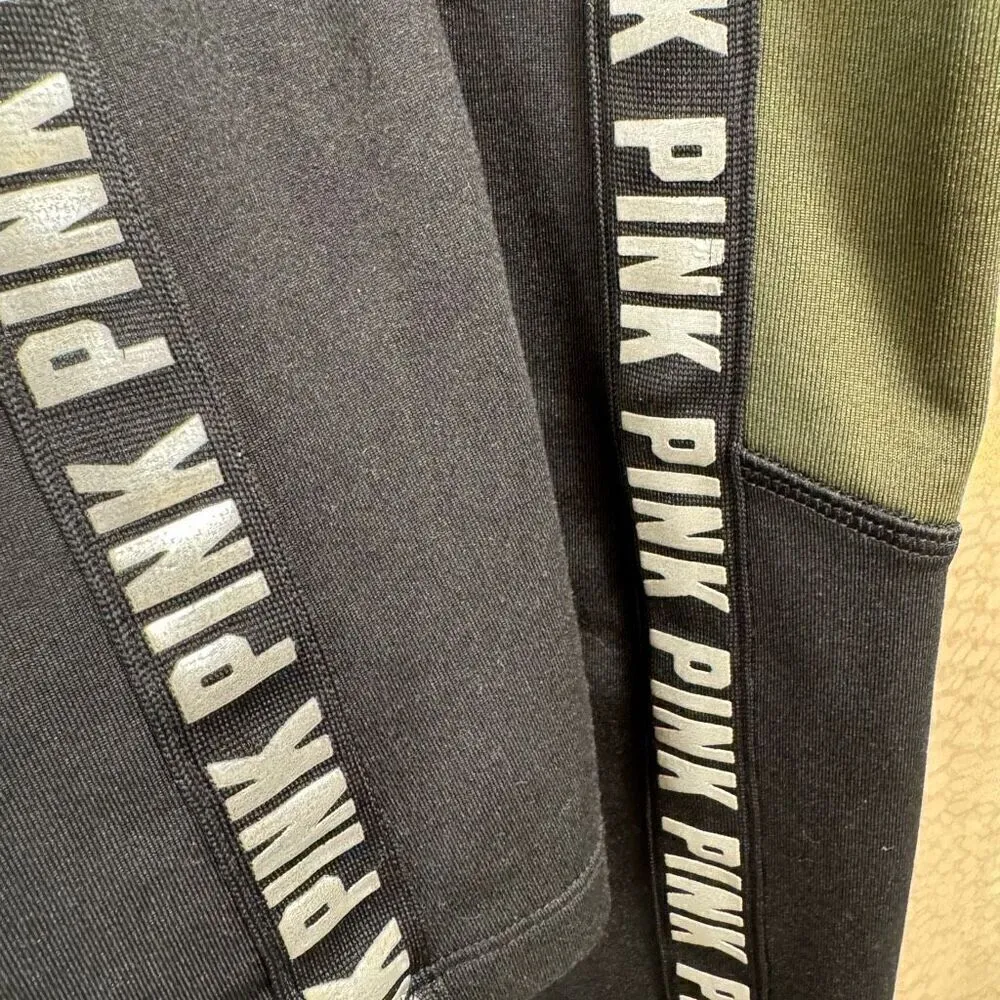 PINK Victorias Secret Black Dark Green Logo Stripe Cozy Leggings Small - Image 4
