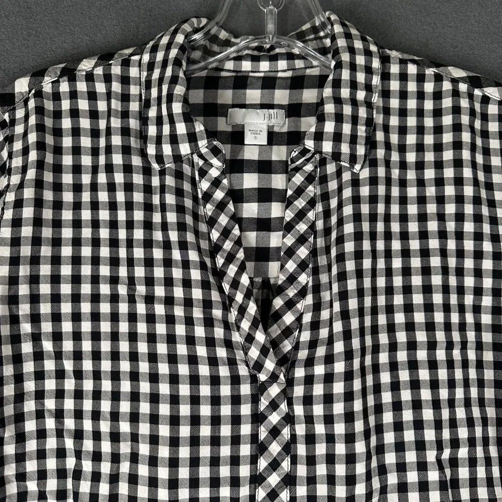 J. Jill Womens Small Black White Gingham Popover Blouse Long Sleeve Split Hem - Image 5