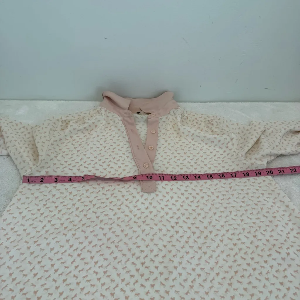 Free People White & Pink Horse Print Button Up Long Sleeve Sheer Blouse XS - Image 9
