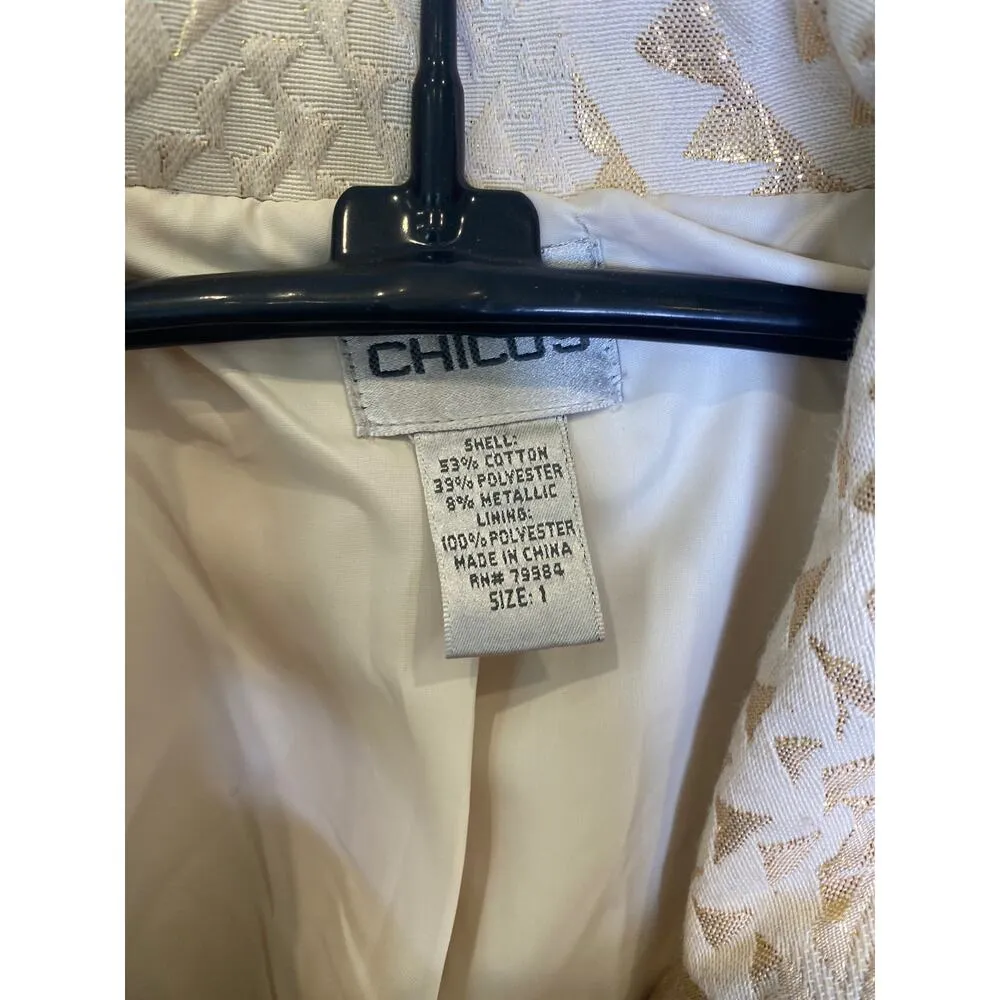 Chico’s Gold Shimmer Moto Asymmetrical Zip Jacket EUC Sz 8 Cotton Jacquard - Image 3